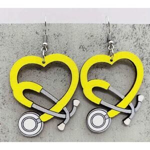 NEW Nurse Stethoscope Heart Yellow Medical Earrings Respiratory MA